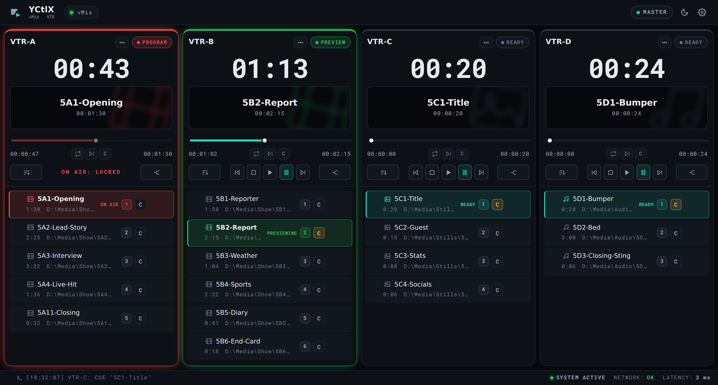 The YCtlX rack with four decks: VTR-A on air in red, VTR-B in preview in green, and VTR-C and VTR-D cued with a still and an audio bed