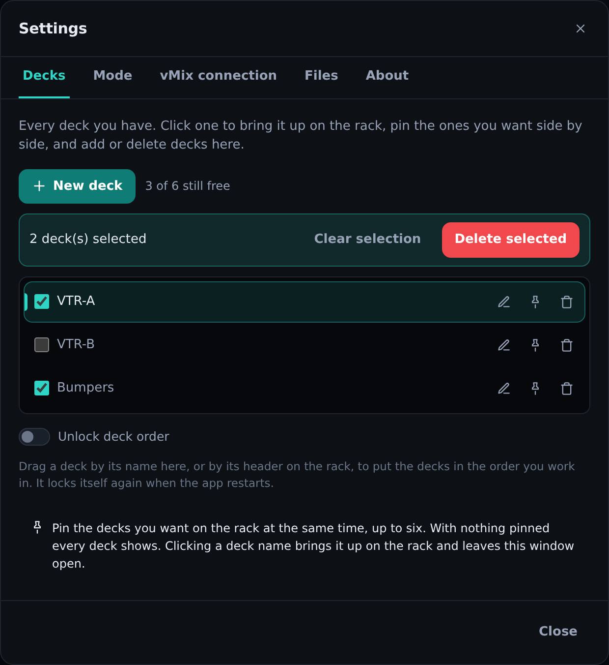 The rack’s decks, in Settings