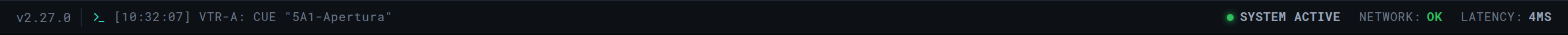 The status bar. On the left the last command with its timestamp, on the right the network state and the real latency.