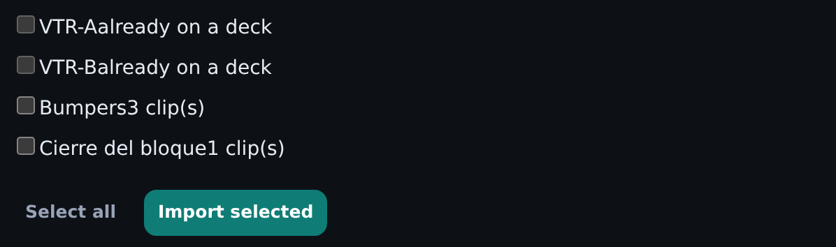 The Lists that Detect found, with their clip counts. The first two are ticked and come in together with Import selected.