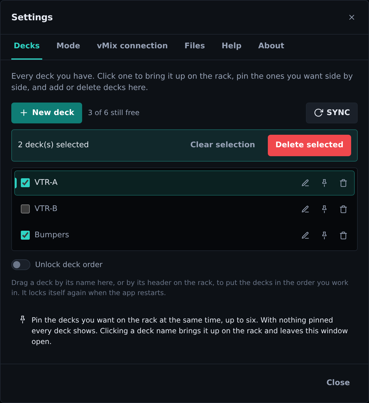 Settings on the Decks tab: every deck, with the pin and delete buttons on each row, and SYNC at the right end of the top row.