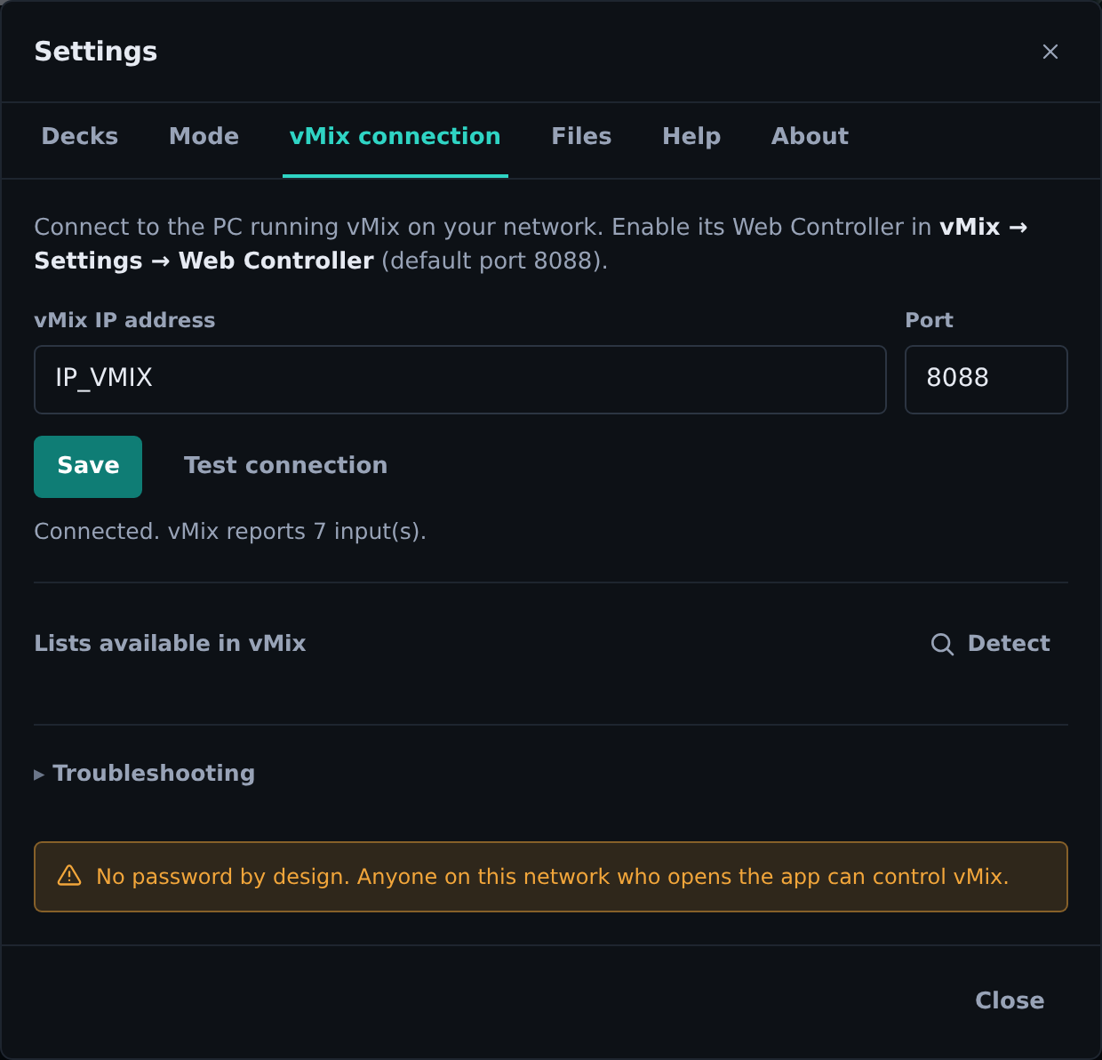 The vMix connection tab after a successful Test connection. The IP goes where this reads IP_VMIX.