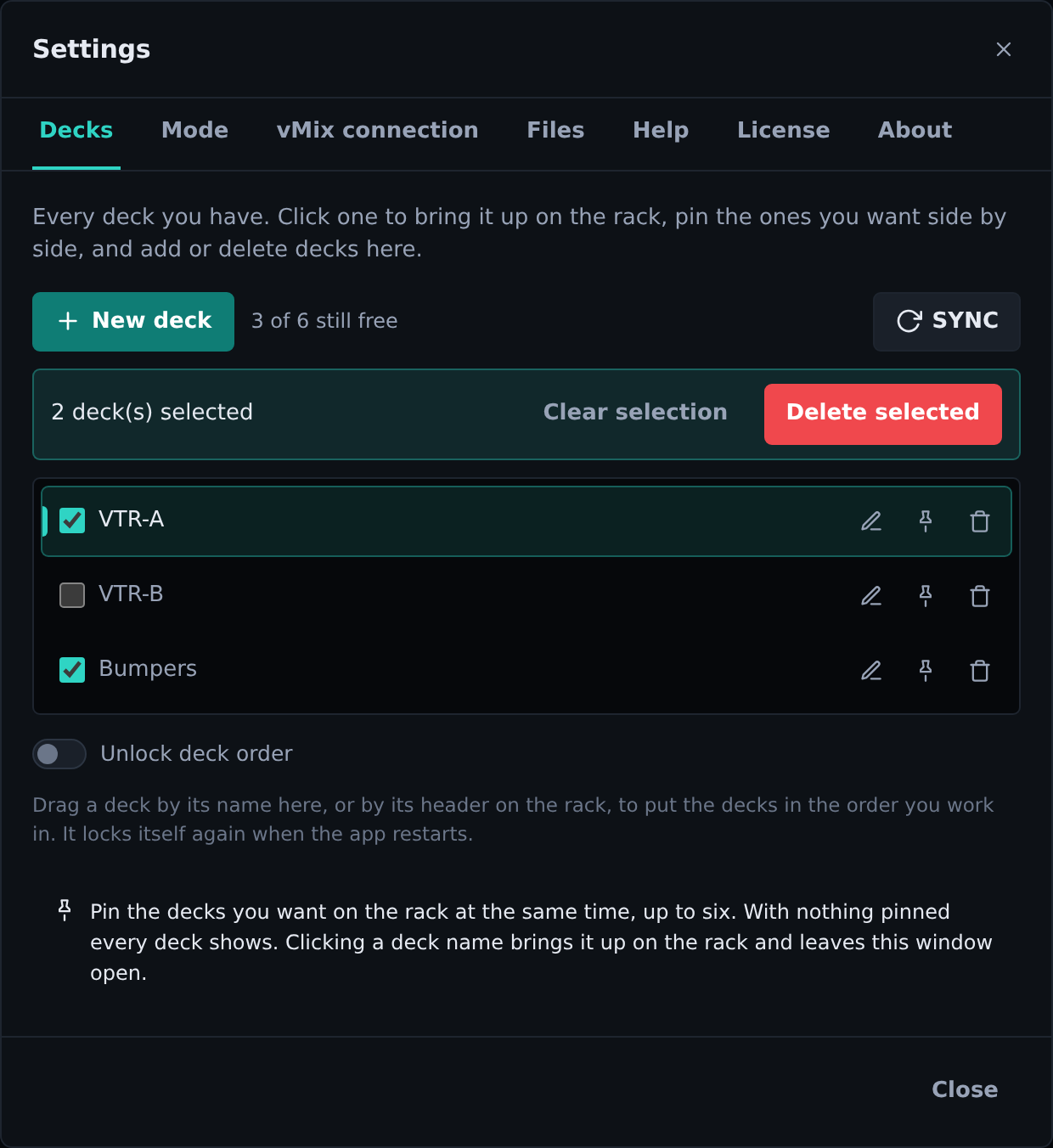 Settings on the Decks tab: every deck, with the pin and delete buttons on each row, and SYNC at the right end of the top row.