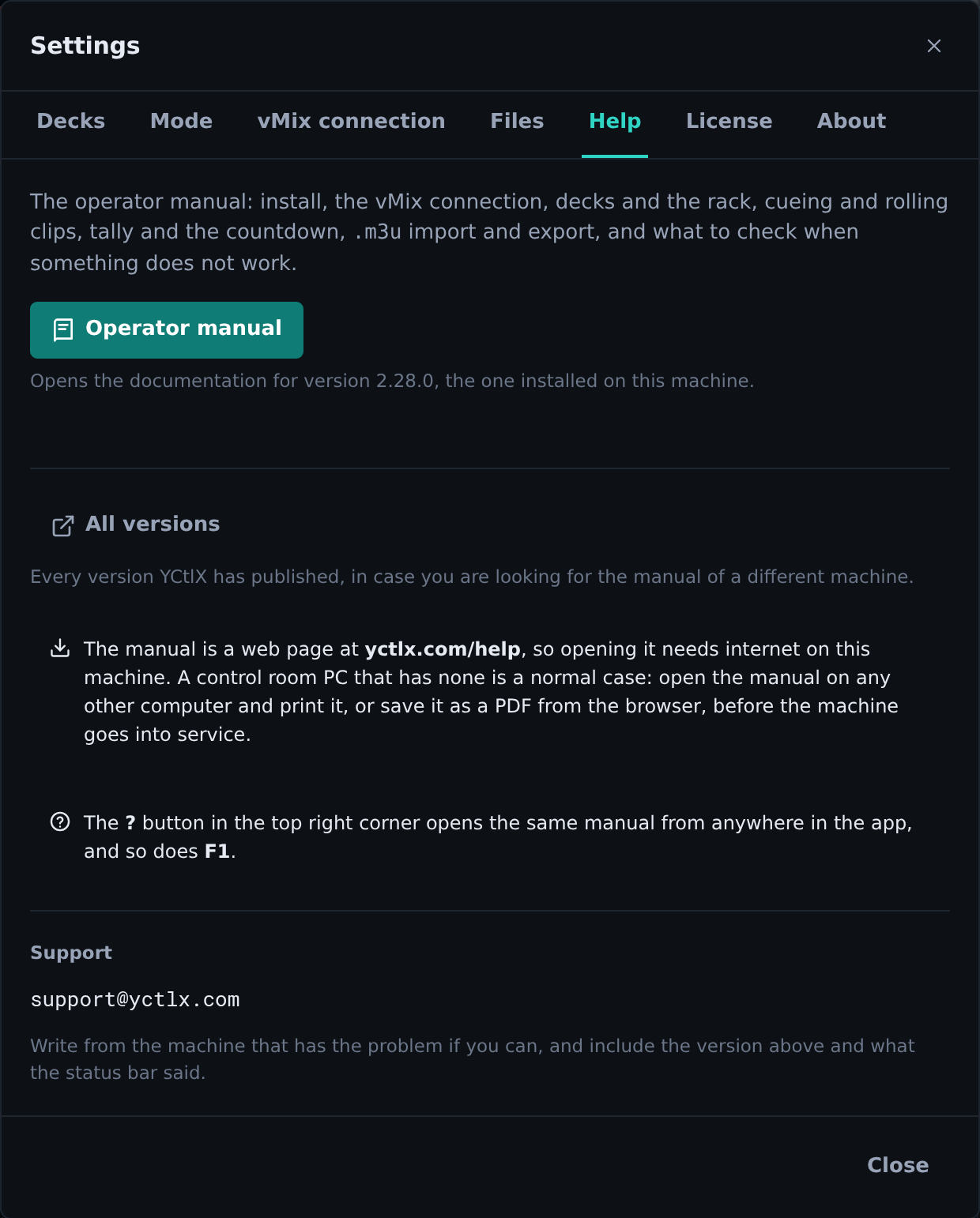 The Help tab. The line under the buttons is the version they will open the manual for.