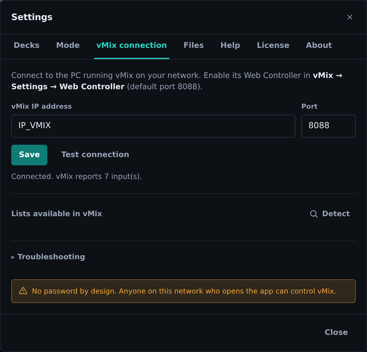 The vMix connection tab after a successful Test connection. The IP goes where this reads IP_VMIX.