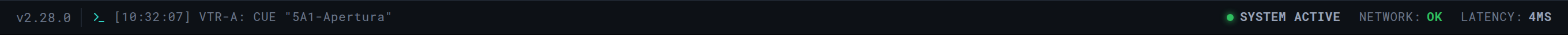 The status bar. On the left the last command with its timestamp, on the right the network state and the real latency.