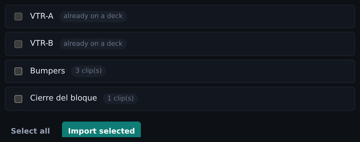 The Lists that Detect found, with their clip counts. The first two are ticked and come in together with Import selected.